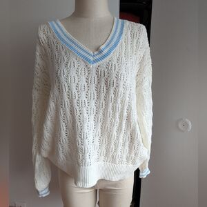 Cream V-Neck Cable Knit Sweater with Blue Trim